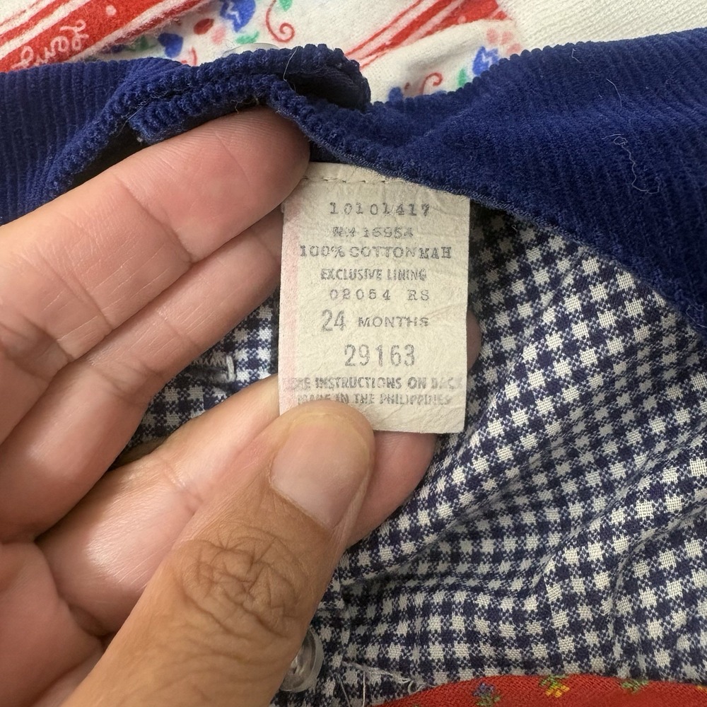 Vintage 2 Piece Farm Gingham Dress Navy Corduroy Pinafore Baby Girl Dress 9-12M - Picture 12 of 13